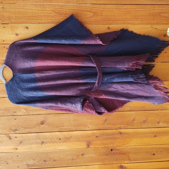 Halston Ruana Wrap - Belted Cardigan Sweater Burgandy Navy NWT - Picture 9 of 12